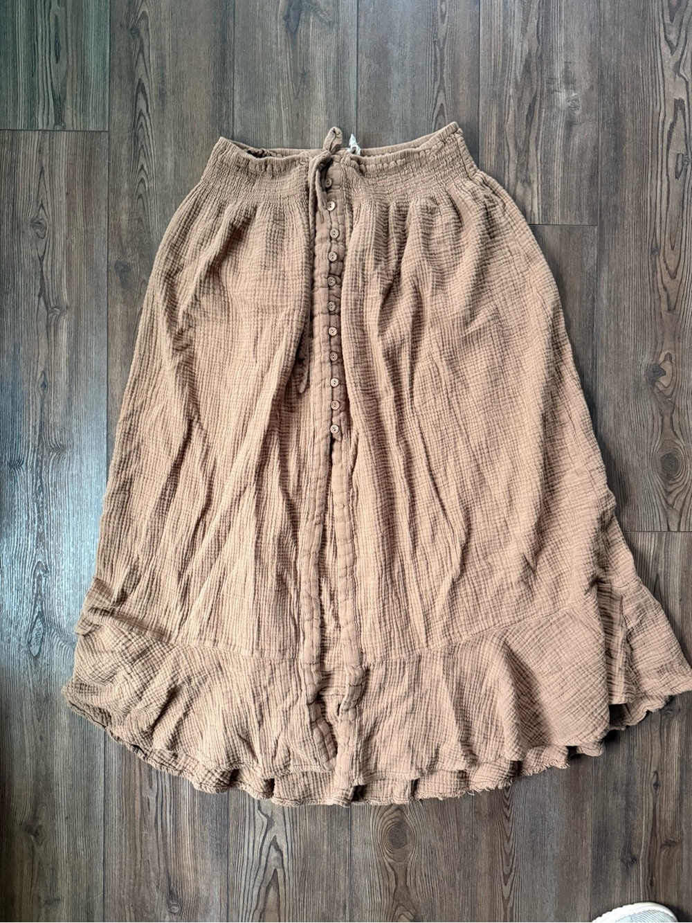 Promesa Brown Gauzy Boho Button-Front Skirt with Smocked Waist and Ruffled Hem